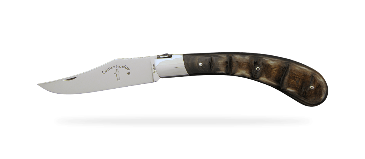 "Le Capuchadou®-Guilloché" 12 cm hand made knife, dark ram's horn