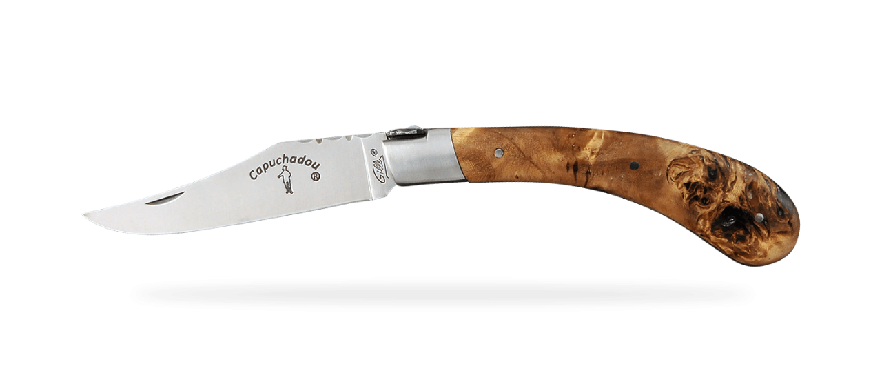 "Le Capuchadou®-Guilloché" 12 cm hand made knife, Stabilized poplar burl