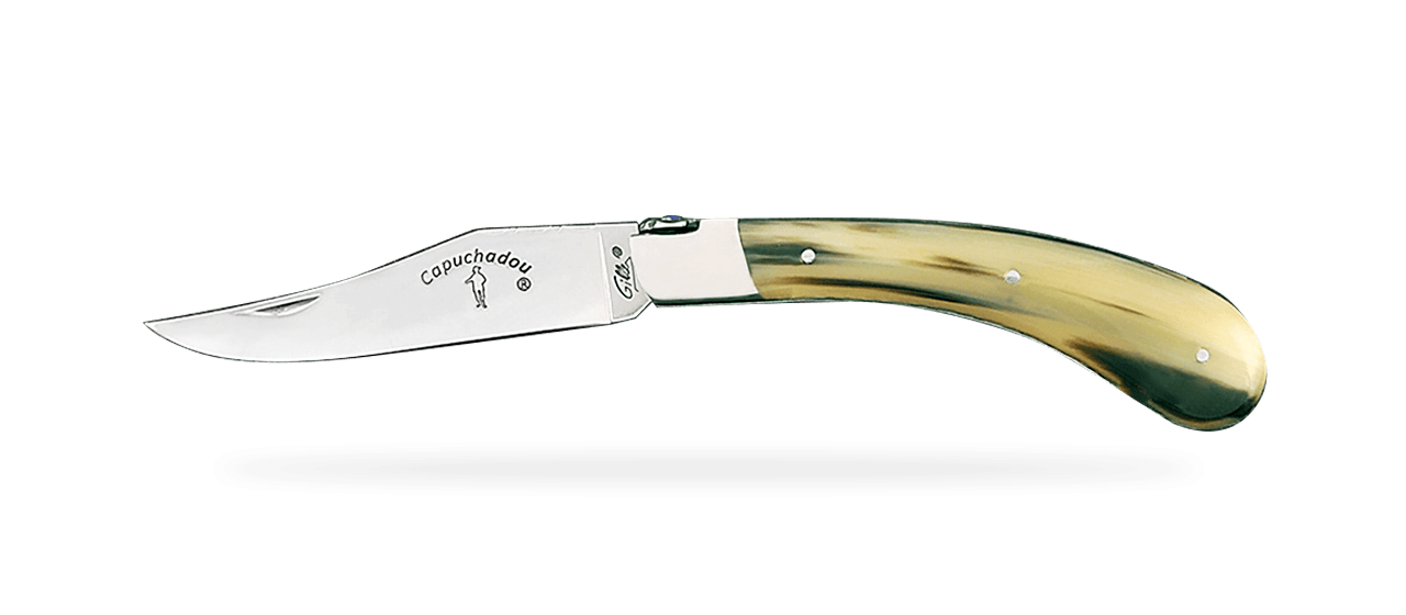 "Le Capuchadou®-Guilloché" 12 cm hand made knife, Cow horn tip