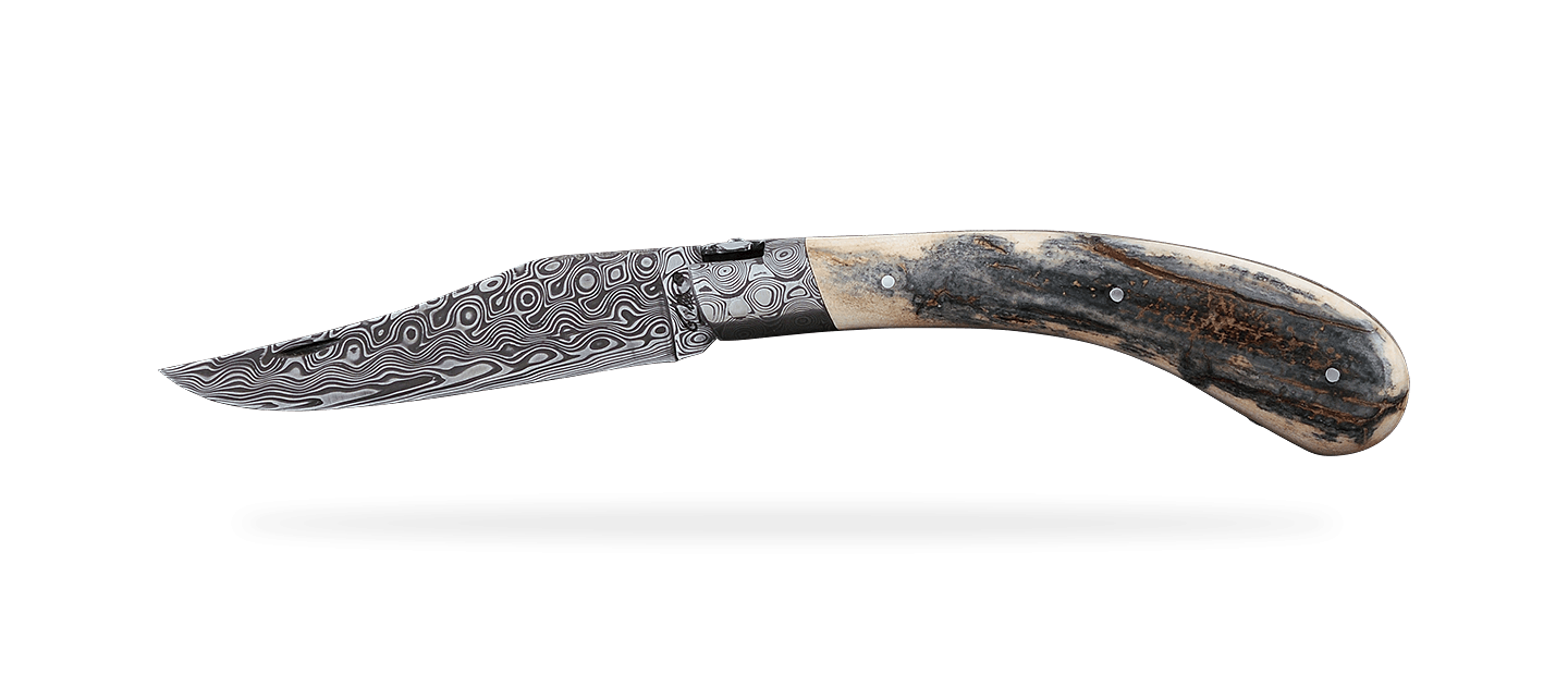"Le Capuchadou®-Guilloché" 12 cm hand made knife, blue mammoth & Damascus, delicate filework