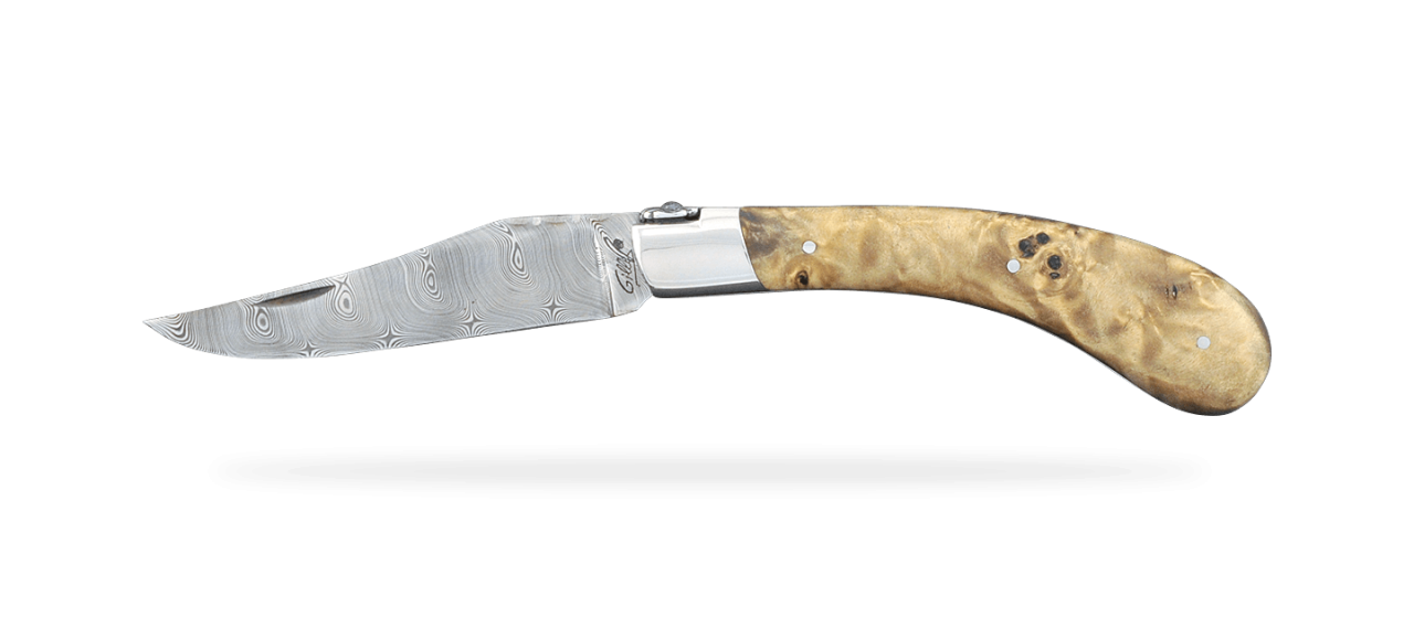 "Le Capuchadou®" 12 cm handmade knife, Stabilized poplar burl & Damascus