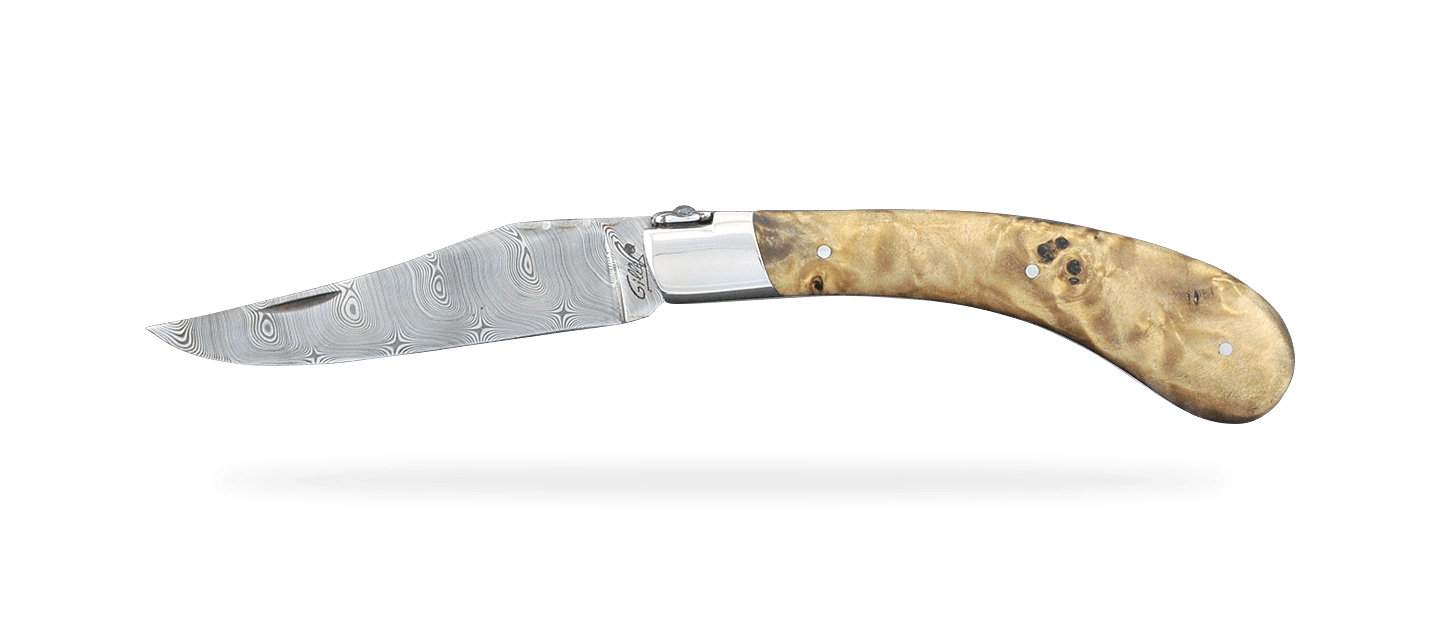 "Le Capuchadou®" 12 cm hand made knife, Stabilized poplar burl & Damascus