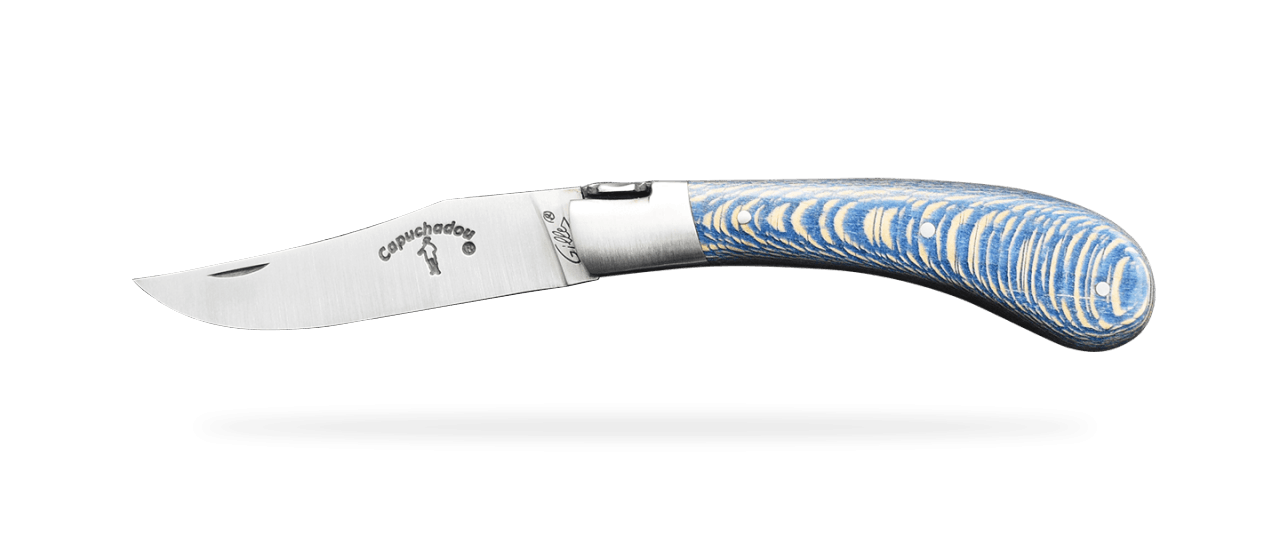 "Le Capuchadou®" 10 cm hand made knife, Stabilized blue plane tree