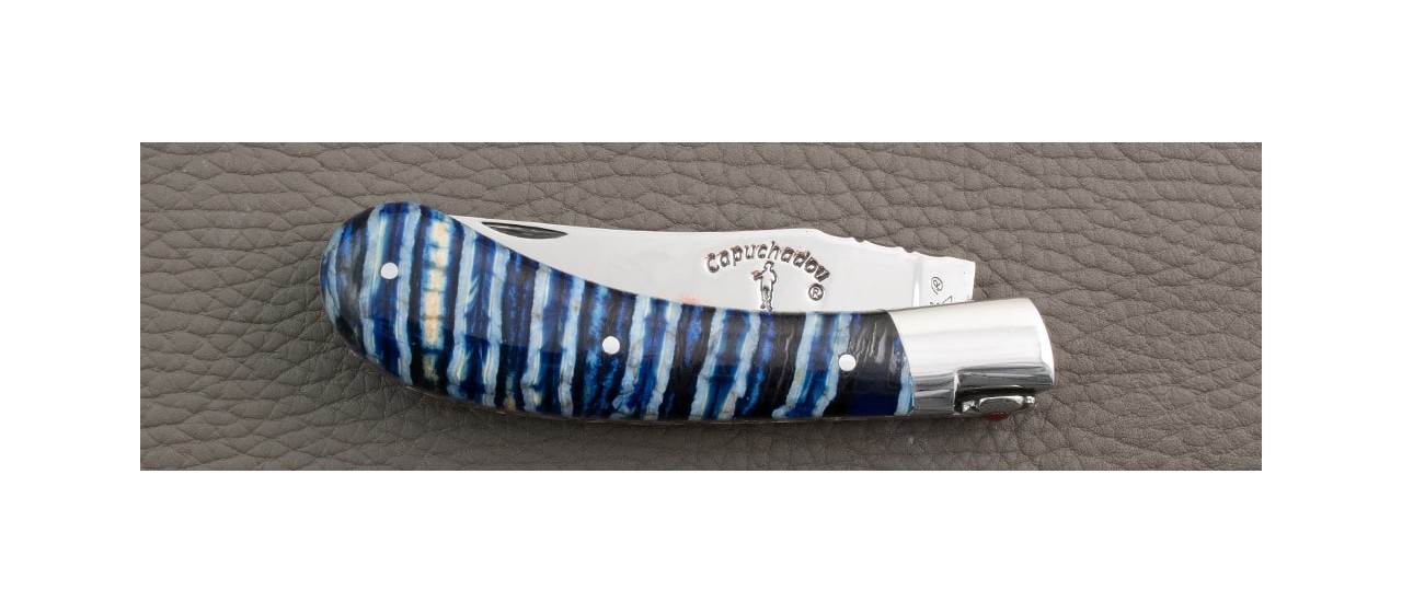 "Le Capuchadou®-Guilloché" 10 cm hand made knife, Blue Molar tooth of mammoth