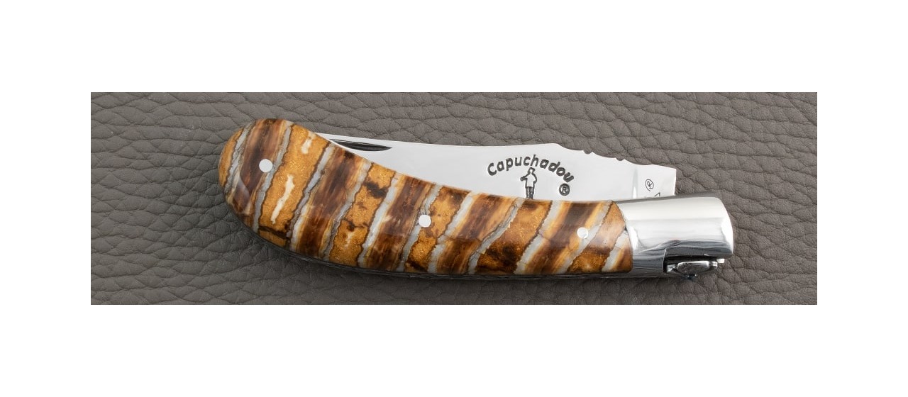 "Le Capuchadou®-Guilloché" 10 cm hand made knife, Molar tooth of mammoth