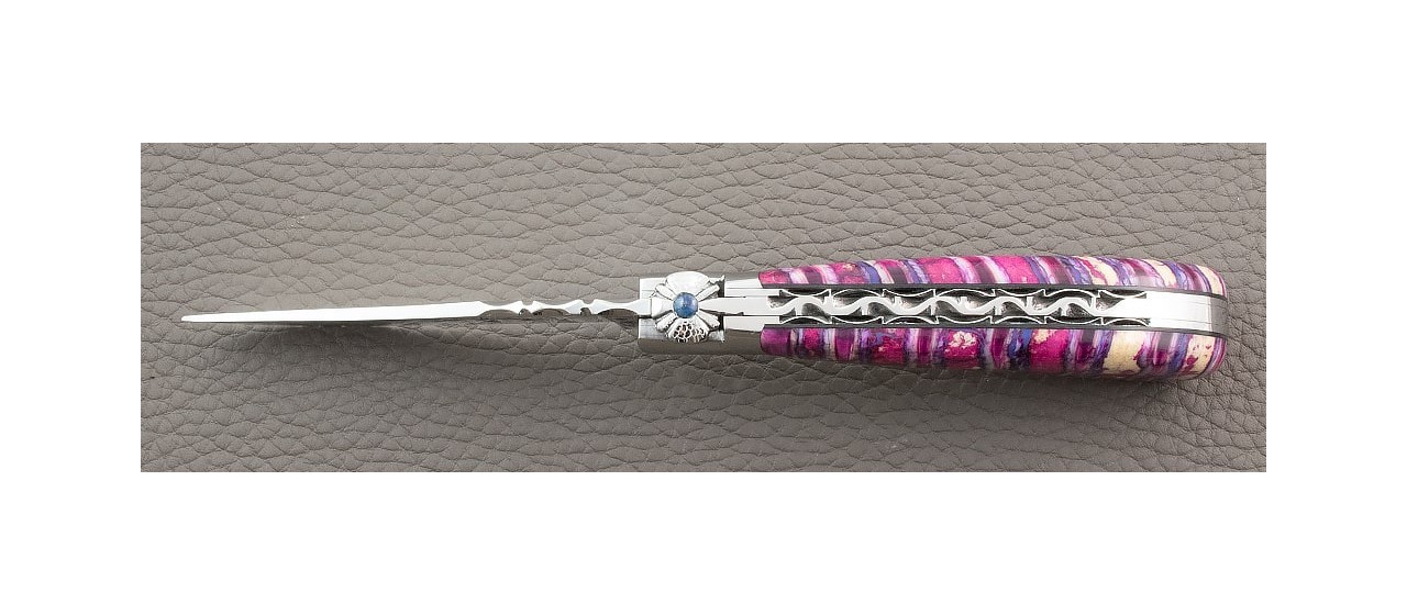 "Le Capuchadou®-Guilloché" 10 cm hand made knife, Pink Molar tooth of mammoth