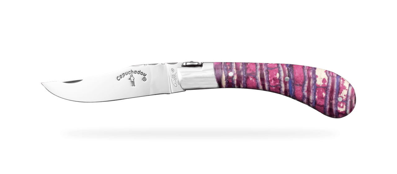 "Le Capuchadou®-Guilloché" 10 cm hand made knife, Pink Molar tooth of mammoth