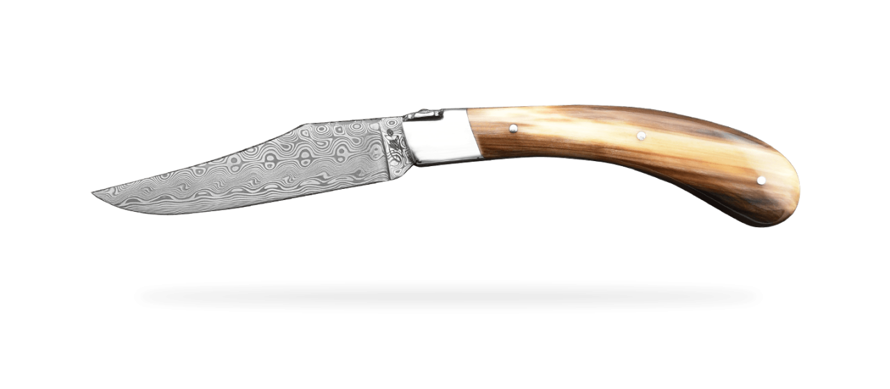 "Le Capuchadou®" 12 cm hand made knife, Cow horn tip & Damascus