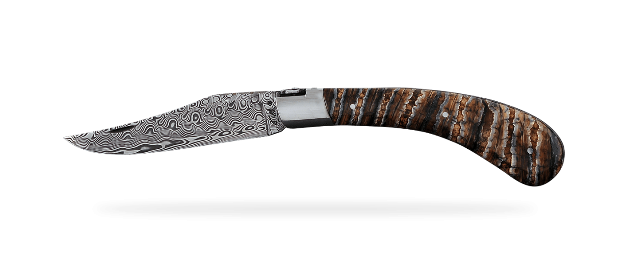 "Le Capuchadou®-Guilloché" 12 cm hand made knife, Molar tooth of mammoth & Damascus, delicate filework