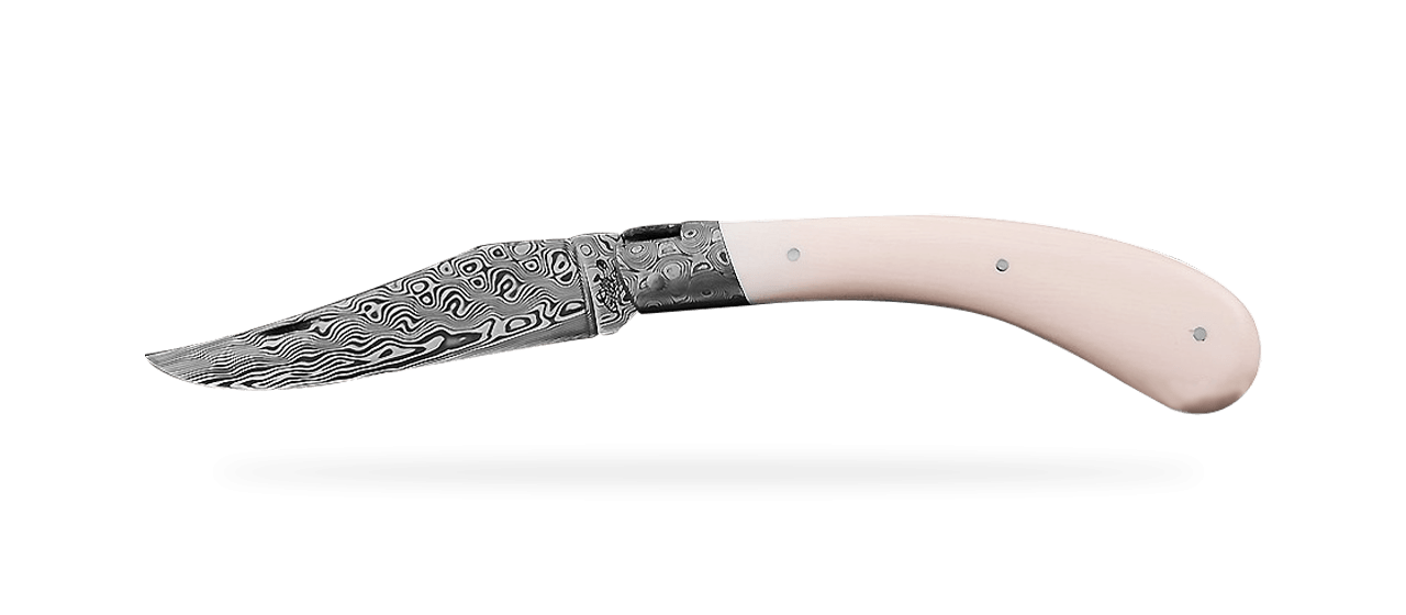 "Le Capuchadou®-Guilloché" 12 cm hand made knife, White Mammoth ivory & Damascus, delicate filework