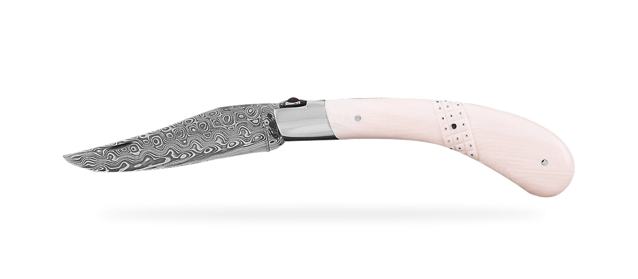 "Le Capuchadou®-Guilloché" 12 cm hand made knife, White Mammoth ivory & Damascus