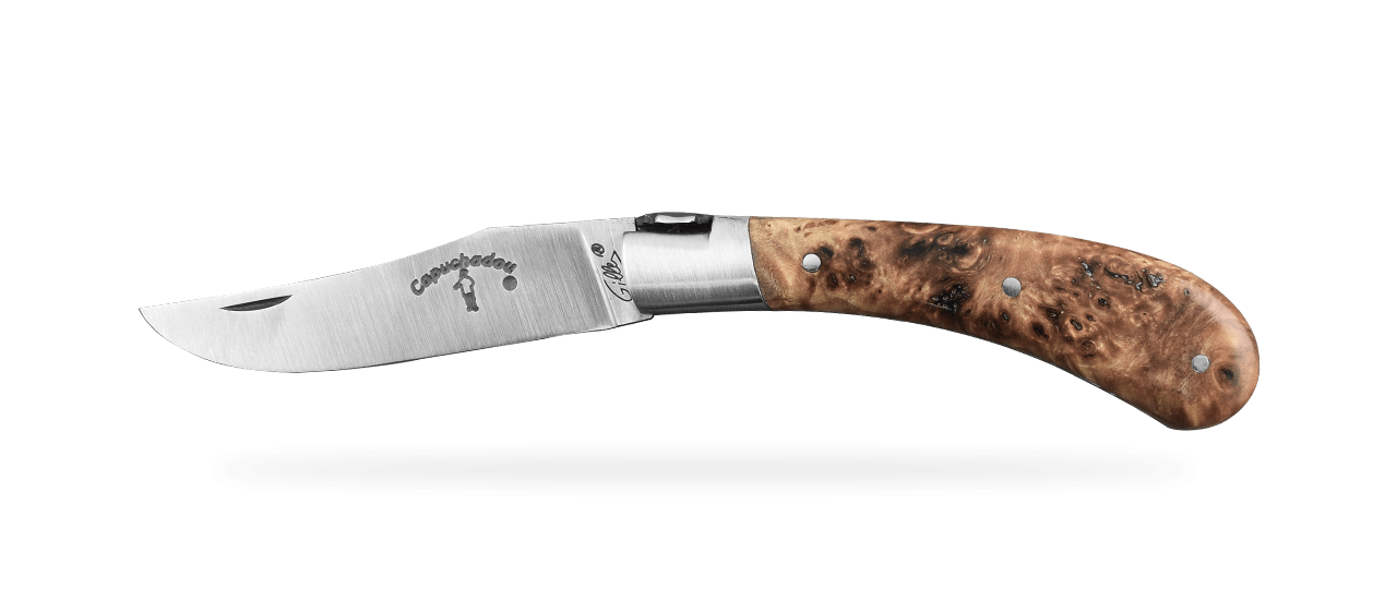 "Le Capuchadou®-Guilloché" 10 cm hand made knife, Stabilized poplar burl