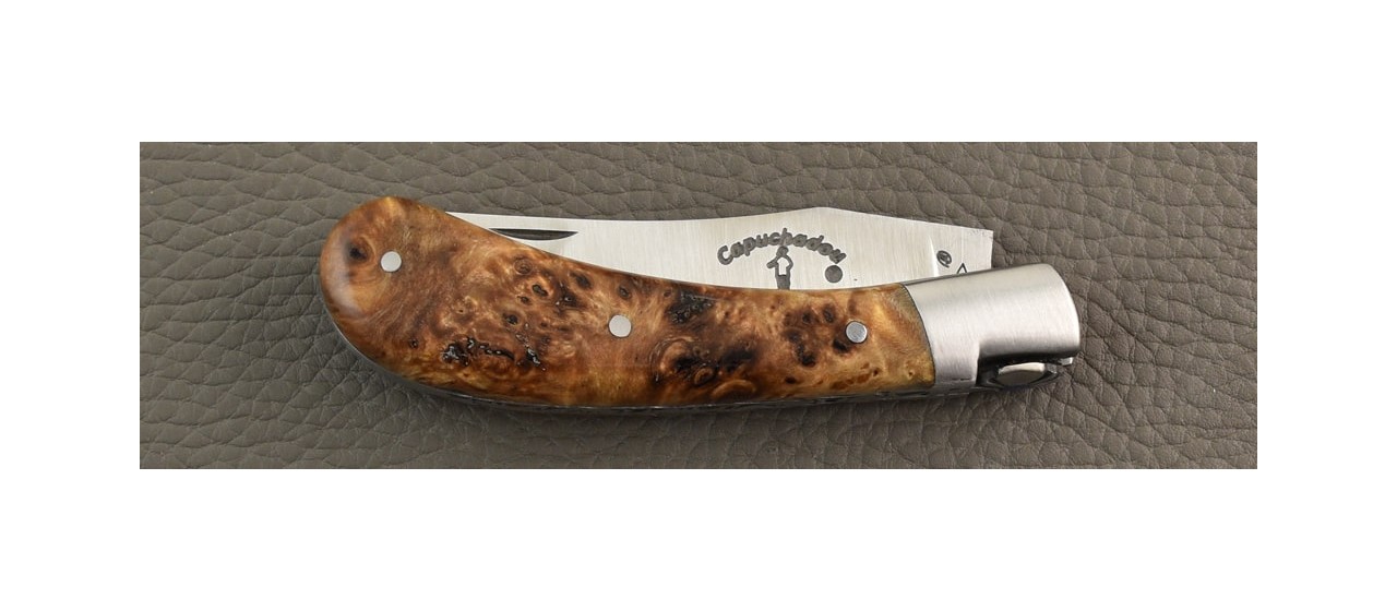 "Le Capuchadou®-Guilloché" 10 cm hand made knife, Stabilized poplar burl