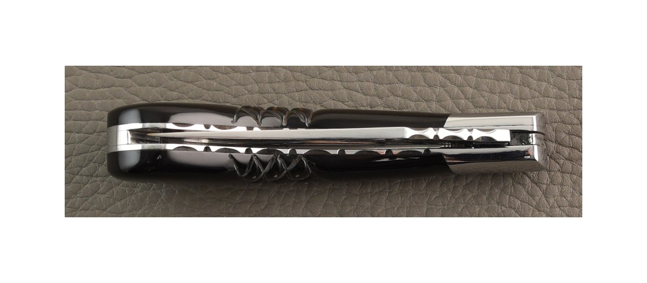 "Le Capuchadou®-Guilloché Aiguille" 10 cm hand made knife, Black buffalo horn tip