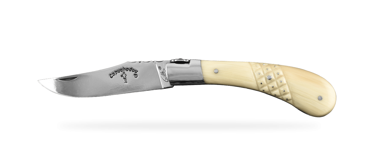 "Le Capuchadou®-Guilloché Aiguille" 10 cm handmade knife, Black buffalo horn tip