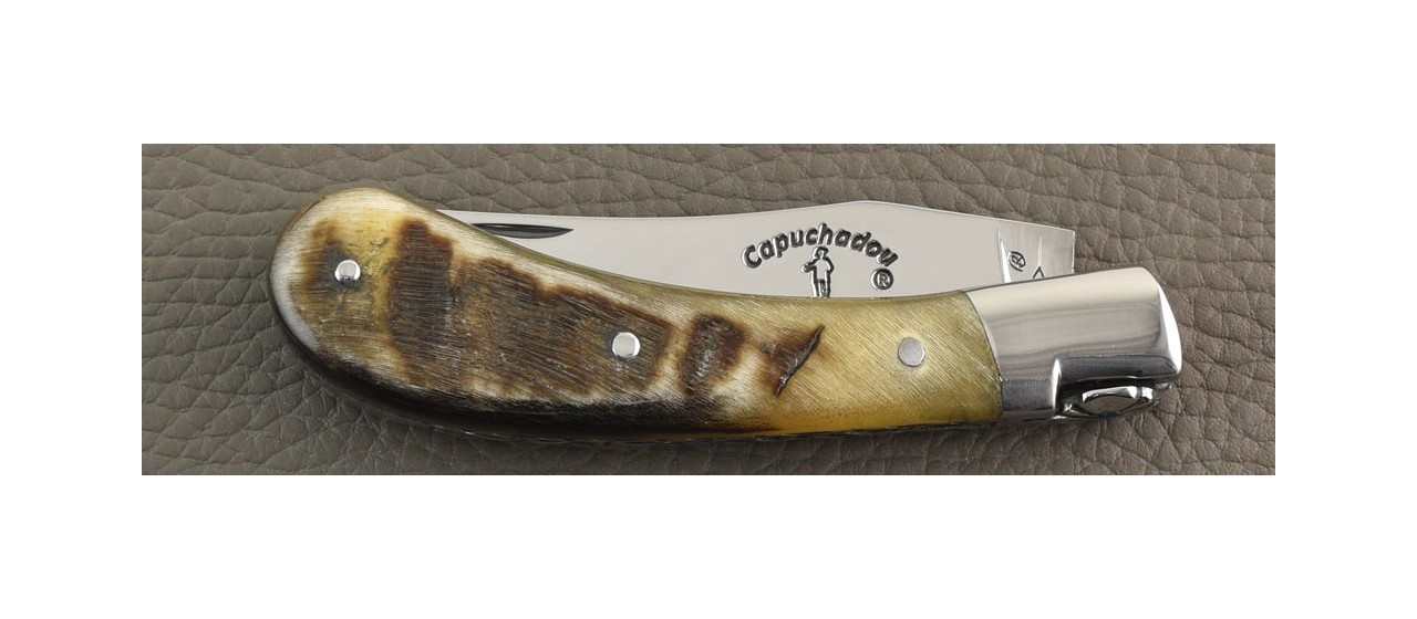 "Le Capuchadou®-Guilloché" 10 cm hand made knife, Dark Ram horn