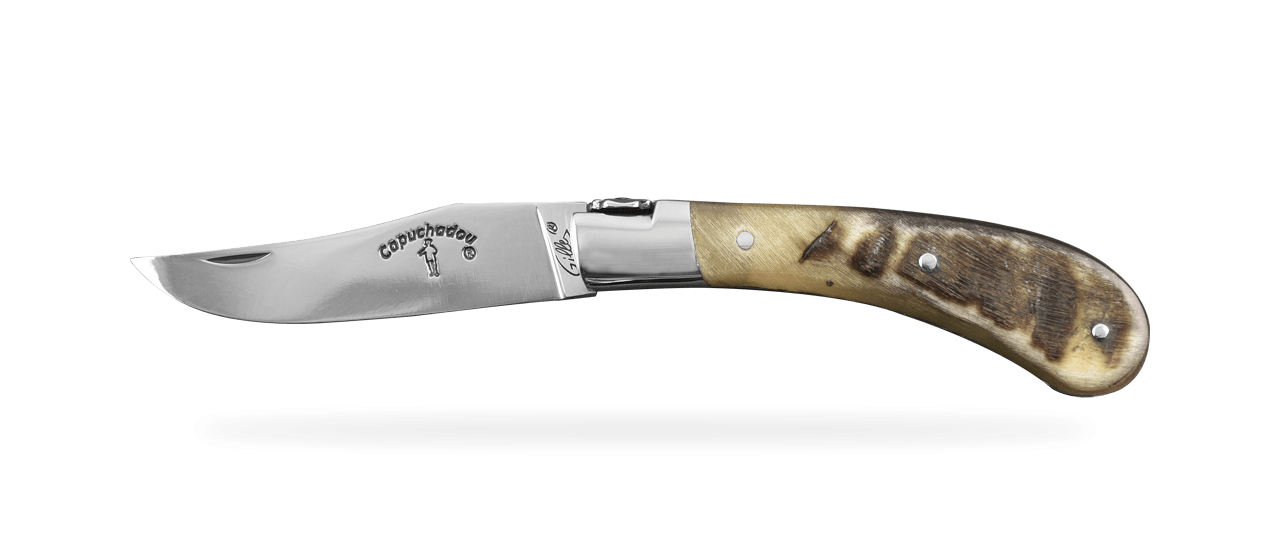"Le Capuchadou®-Guilloché" 10 cm hand made knife, Dark Ram horn